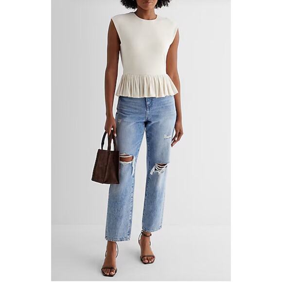 Express Linen-Blend Crew Neck Peplum Tee Swan Color Size Medium New Boho - Picture 2 of 10